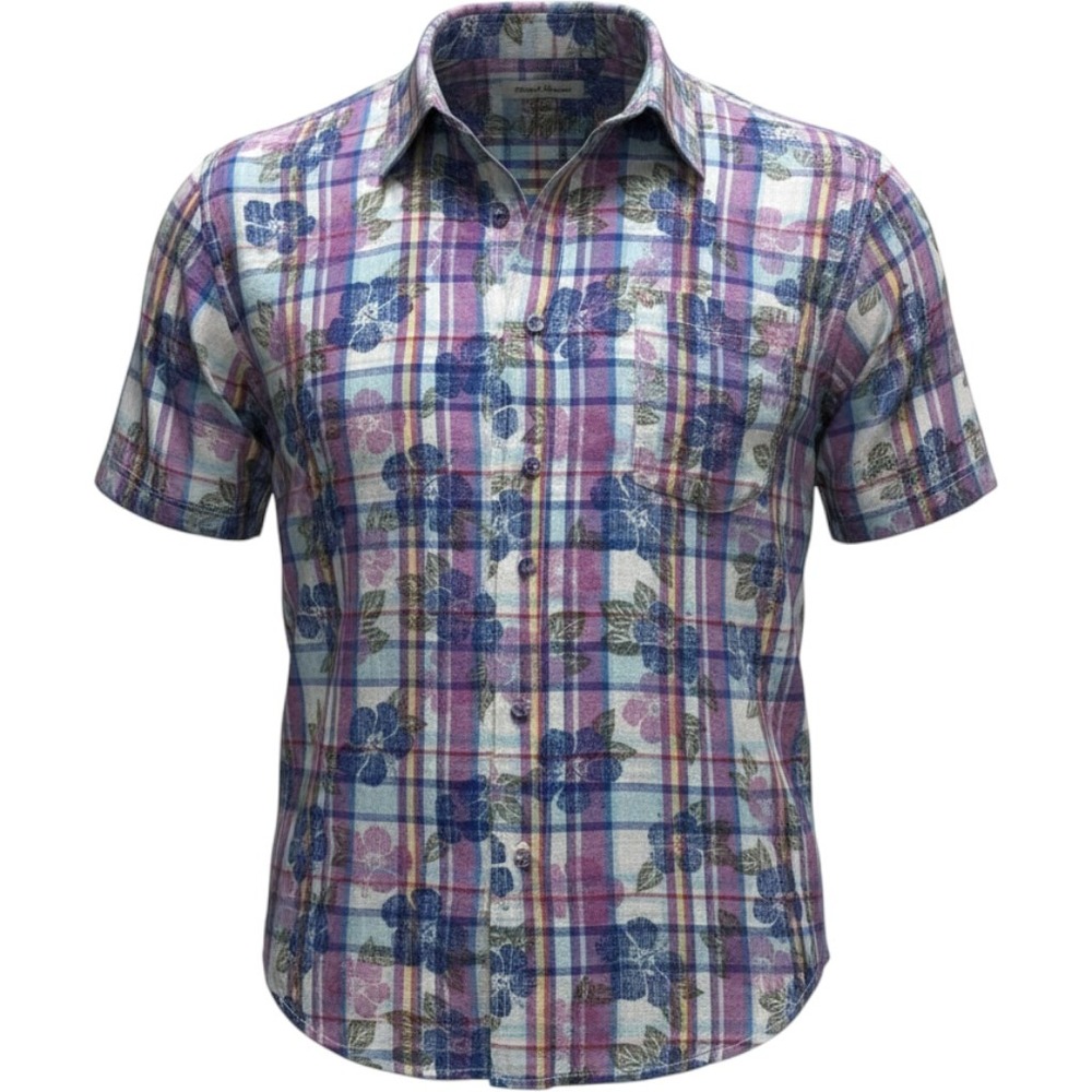 Men's XXL Tommy Bahama Purple Blue Floral Linen Blend Short Sleeves Button Up